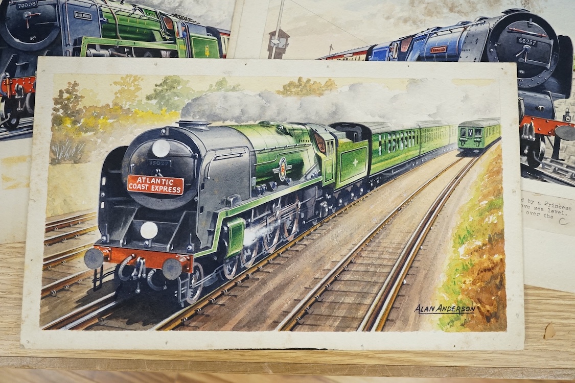 Alan Anderson, set of four original watercolours for postcard designs, vintage steam trains, to include British Rail Britannia Class No 70008 Black Prince, Coronation Class No 46259, City of Salford and Merchant Navy Cla